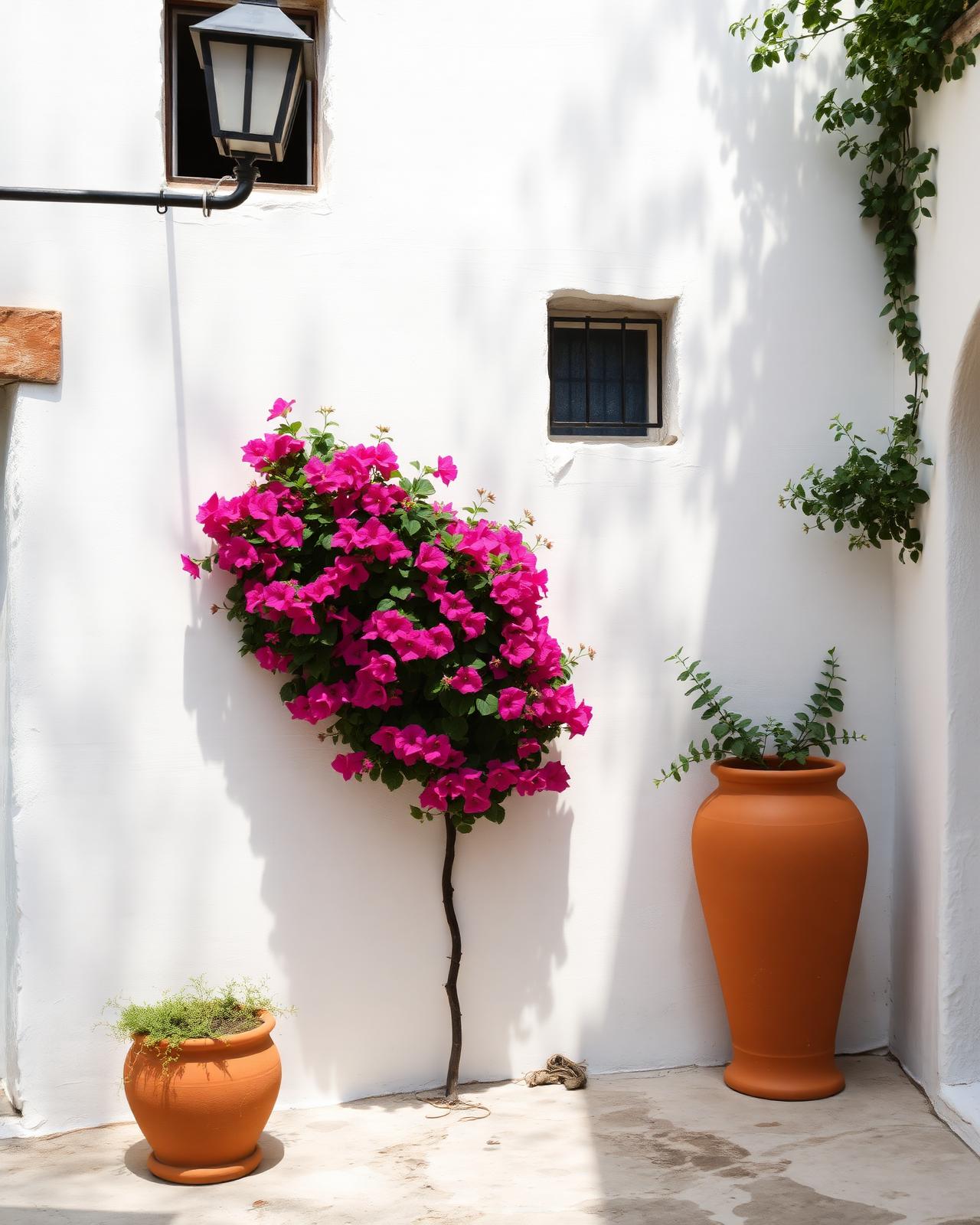 Andalusische binnentuin met bougainville en terracotta potten