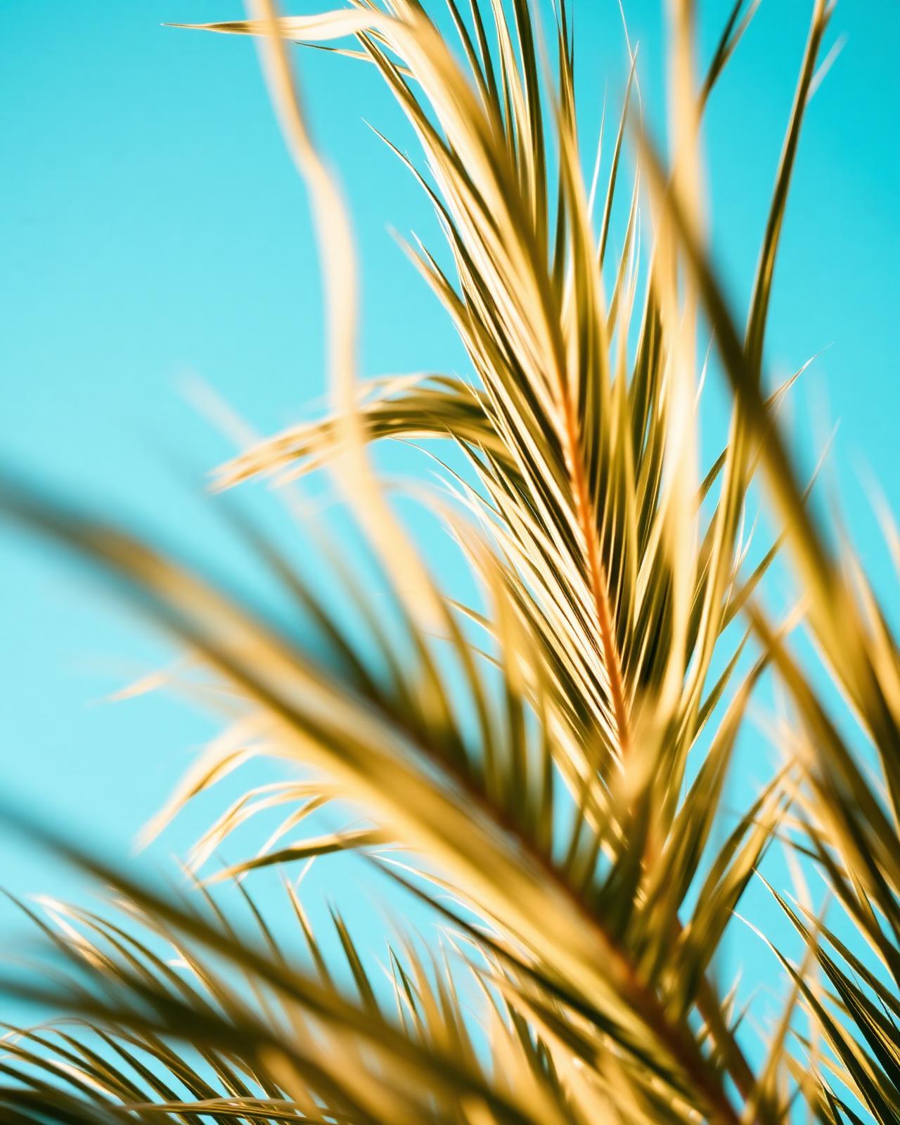 Palmbladeren in zonlicht tegen een azuurblauwe hemel